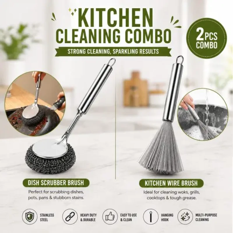 2 Pcs Stainless Steel Kitchen Cleaning Brush Set – Long Handle Dish Scrubber & Heavy-Duty Wire Brush (2 Pcs