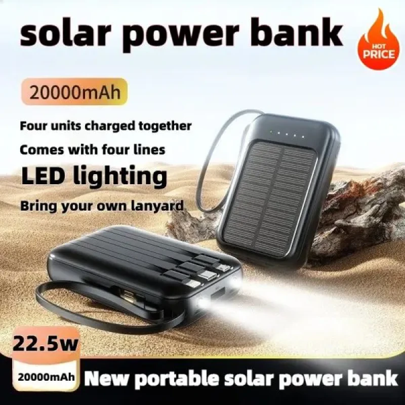 20000mAh Portable Solar Power Bank – Multi Cable Support with LED Light, Fast Charging Outdoor Backup Battery