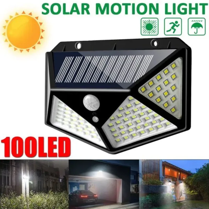 100 LED Solar Motion Sensor Wall Light – 4-Sided Wide Angle Outdoor Security Light, IP65 Waterproof, Auto On/Off for Garden, Gate, Patio & Garage