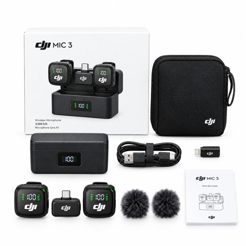 DJI Mic 3 Inspired Wireless Lavalier Microphone System – Dual Connector (Type-C & Lightning) for iPhone & Android, AI Noise Cancellation & Charging Case