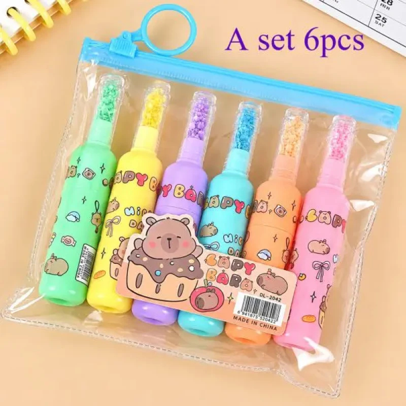 6 Pcs Capybara Ballpoint Pen Set – Cute Colorful Highlighter, Marker & Drawing Pens for Kids, School & Stationery